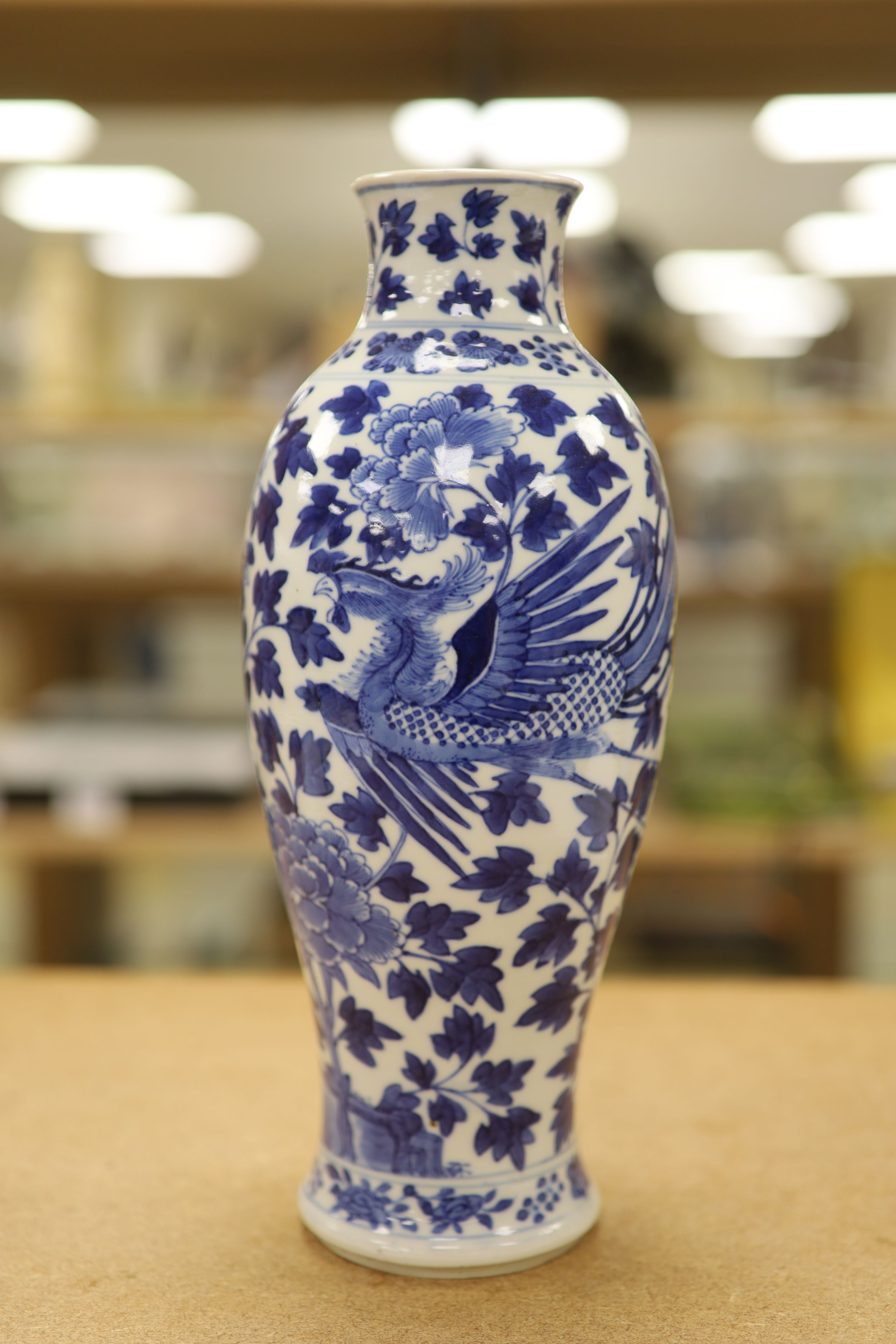 Two 19th century Chinese blue and white vases, decorated with phoenix, tallest 28cm (a.f)